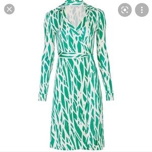 DVF Green + White Jeanne Wrap Dress with Collar